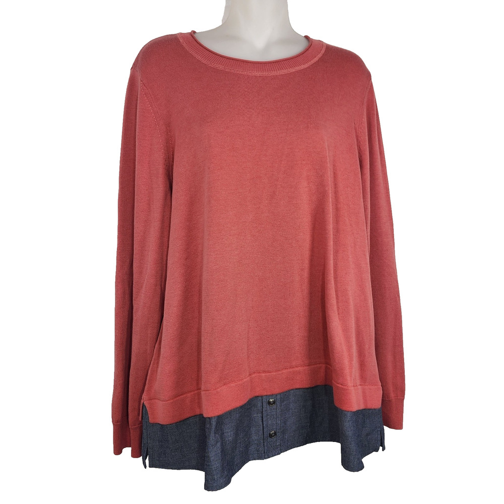 Denim & Co Womens Long Sleeve 2-fer Sweater Denim Trim Large Antique Rose Light